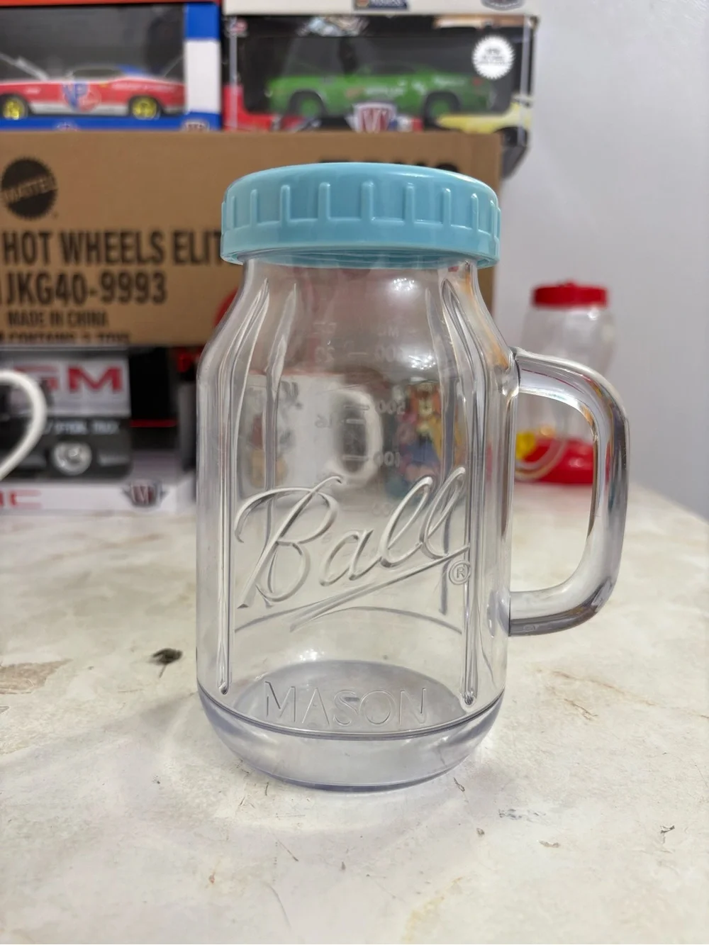 Clear Plastic Mason Mug with Light Blue Lid - Party Tableware